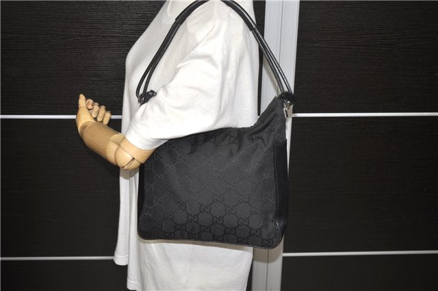 Authentic GUCCI Hand Shoulder Bag Purse GG Nylon Leather 0013766 Black 9968C