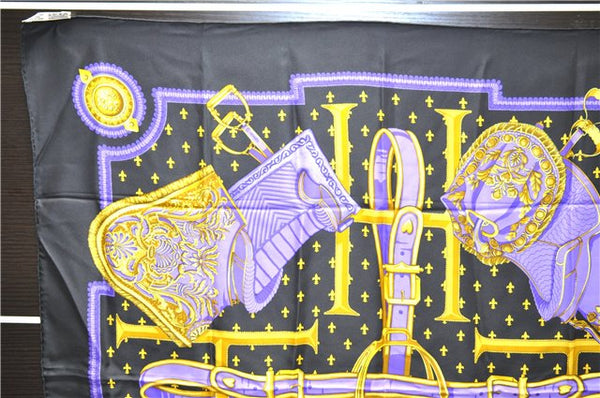 Authentic HERMES Carre 90 Scarf "SELLES A HOUSSE" Silk Black 9968D