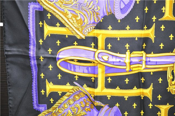 Authentic HERMES Carre 90 Scarf "SELLES A HOUSSE" Silk Black 9968D