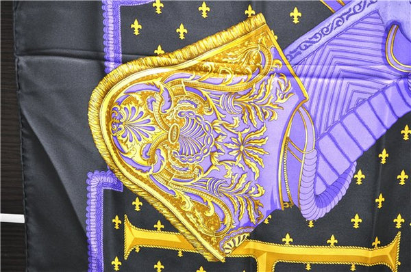 Authentic HERMES Carre 90 Scarf "SELLES A HOUSSE" Silk Black 9968D