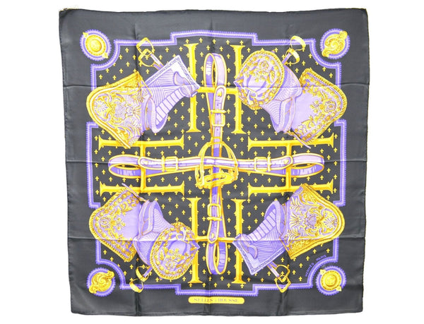 Authentic HERMES Carre 90 Scarf "SELLES A HOUSSE" Silk Black 9969D