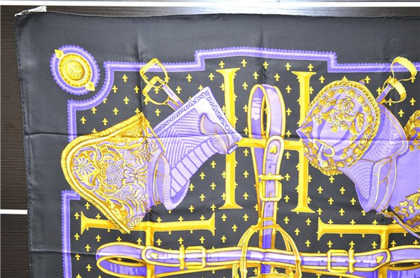 Authentic HERMES Carre 90 Scarf "SELLES A HOUSSE" Silk Black 9969D