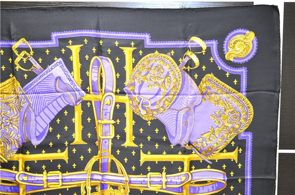 Authentic HERMES Carre 90 Scarf "SELLES A HOUSSE" Silk Black 9969D