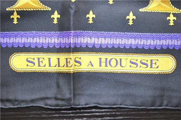 Authentic HERMES Carre 90 Scarf "SELLES A HOUSSE" Silk Black 9969D