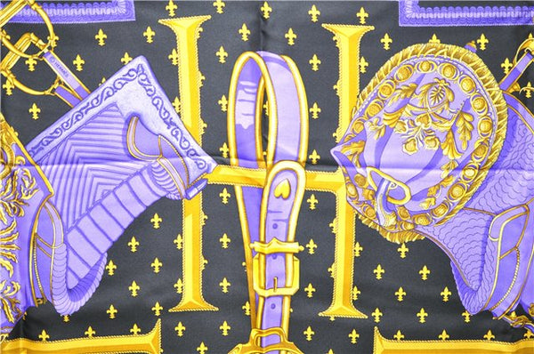 Authentic HERMES Carre 90 Scarf "SELLES A HOUSSE" Silk Black 9969D