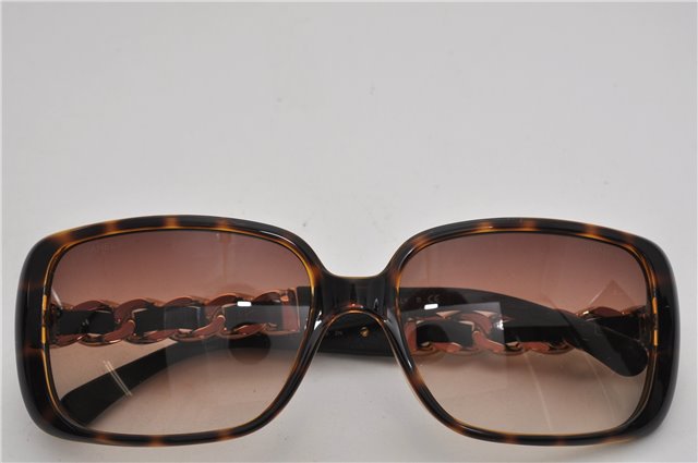 Authentic CHANEL Sunglasses Chain CoCo Mark Plastic Leather 5208-Q Brown 9969E