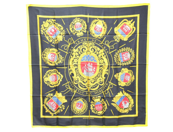 Authentic HERMES Carre 90 Scarf "LES ARMES DE PARIS" Silk Yellow 9970D