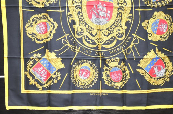 Authentic HERMES Carre 90 Scarf "LES ARMES DE PARIS" Silk Yellow 9970D