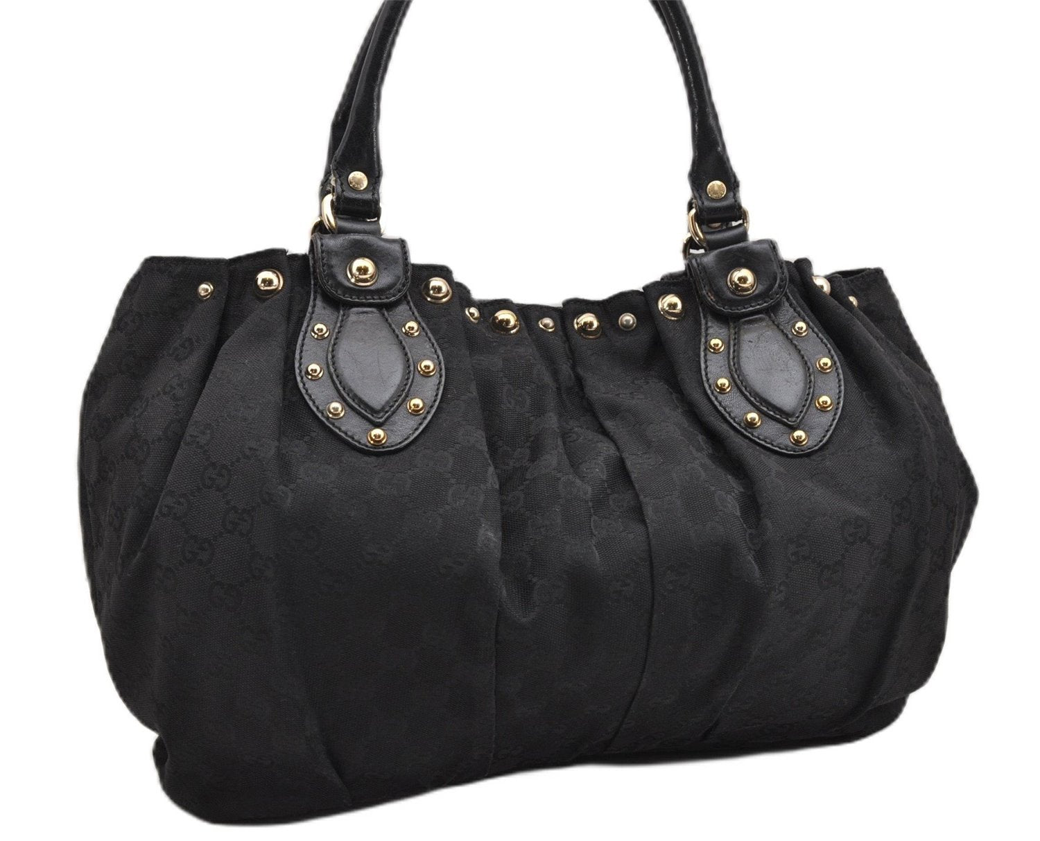 Authentic GUCCI Vintage Shoulder Tote Bag GG Canvas Leather 206719 Black 9973F