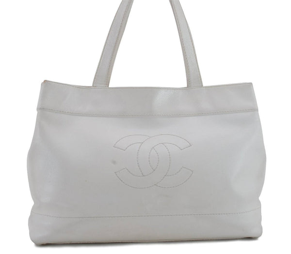 Authentic CHANEL Caviar Skin CoCo Mark Shoulder Tote Bag White 9976C