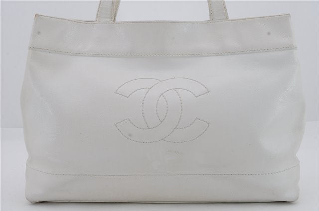 Authentic CHANEL Caviar Skin CoCo Mark Shoulder Tote Bag White 9976C