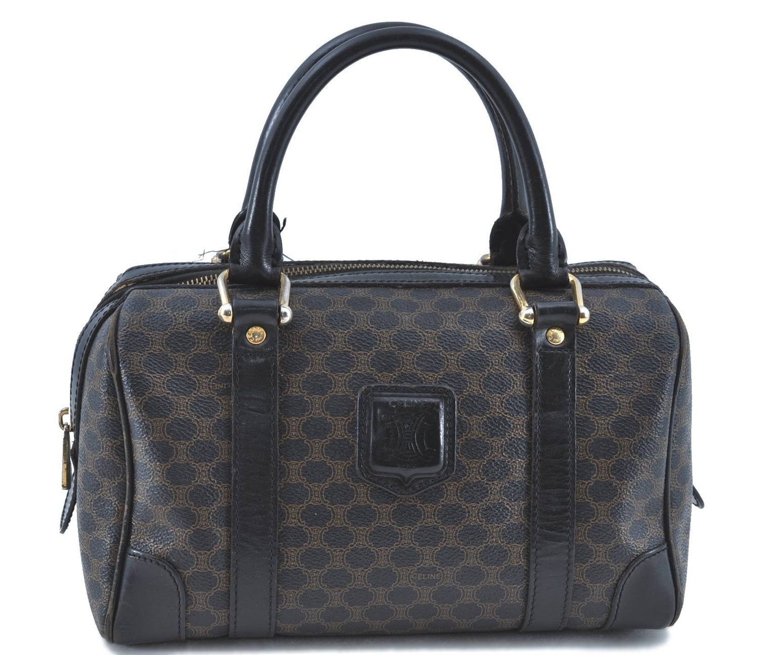 Authentic CELINE Macadam Blason Pattern Hand Boston Bag PVC Leather Black D5080