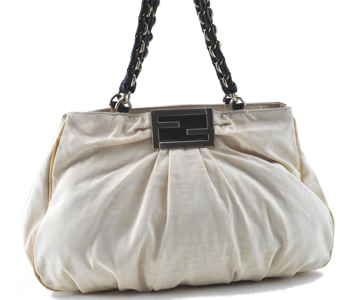 Auth FENDI Zucca Mamma Baguette Chain Shoulder Bag Nylon Leather Ivory E5436