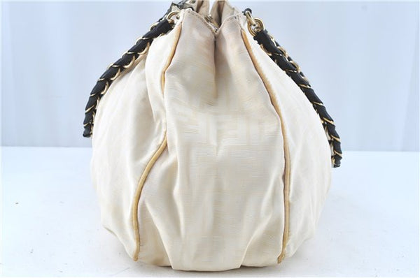 Auth FENDI Zucca Mamma Baguette Chain Shoulder Bag Nylon Leather Ivory E5436