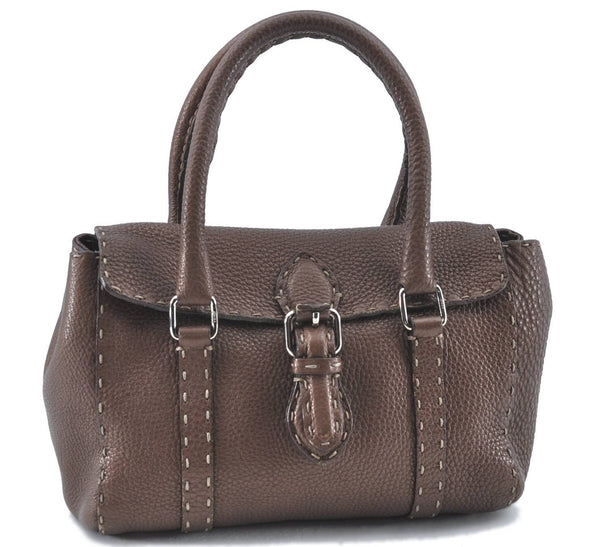 Authentic FENDI Selleria Linda Hand Bag Purse Leather Brown F0393
