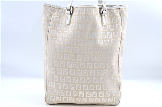 Authentic FENDI Zucchino Tote Hand Bag Canvas Leather White Beige F7384