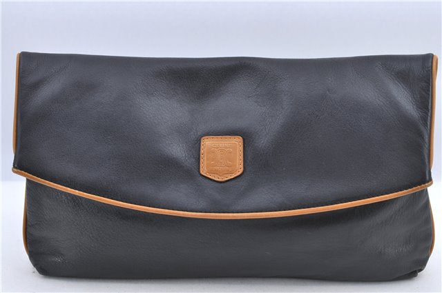 Authentic CELINE Macadam Blason Pattern Clutch Bag Purse Leather Black F9282