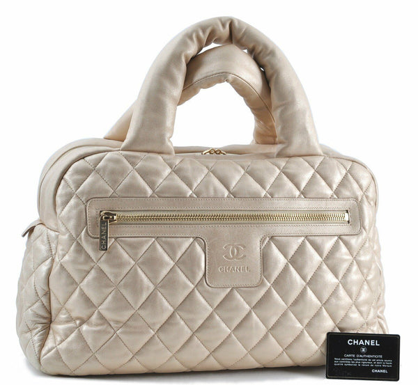 Auth Chanel Coco Cocoon Matelasse Calf Skin Mini Boston Hand Bag Beige G0653