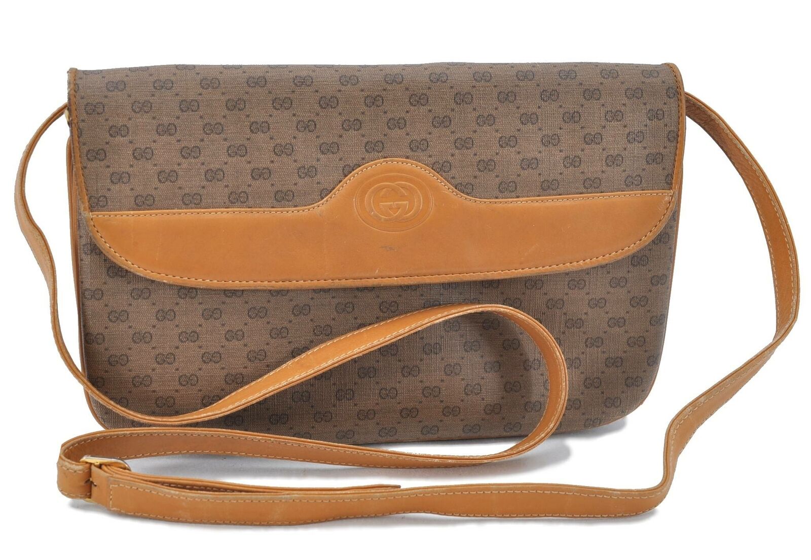 Authentic GUCCI Micro GG PVC Leather Shoulder Cross Body Clutch Bag Brown G0789