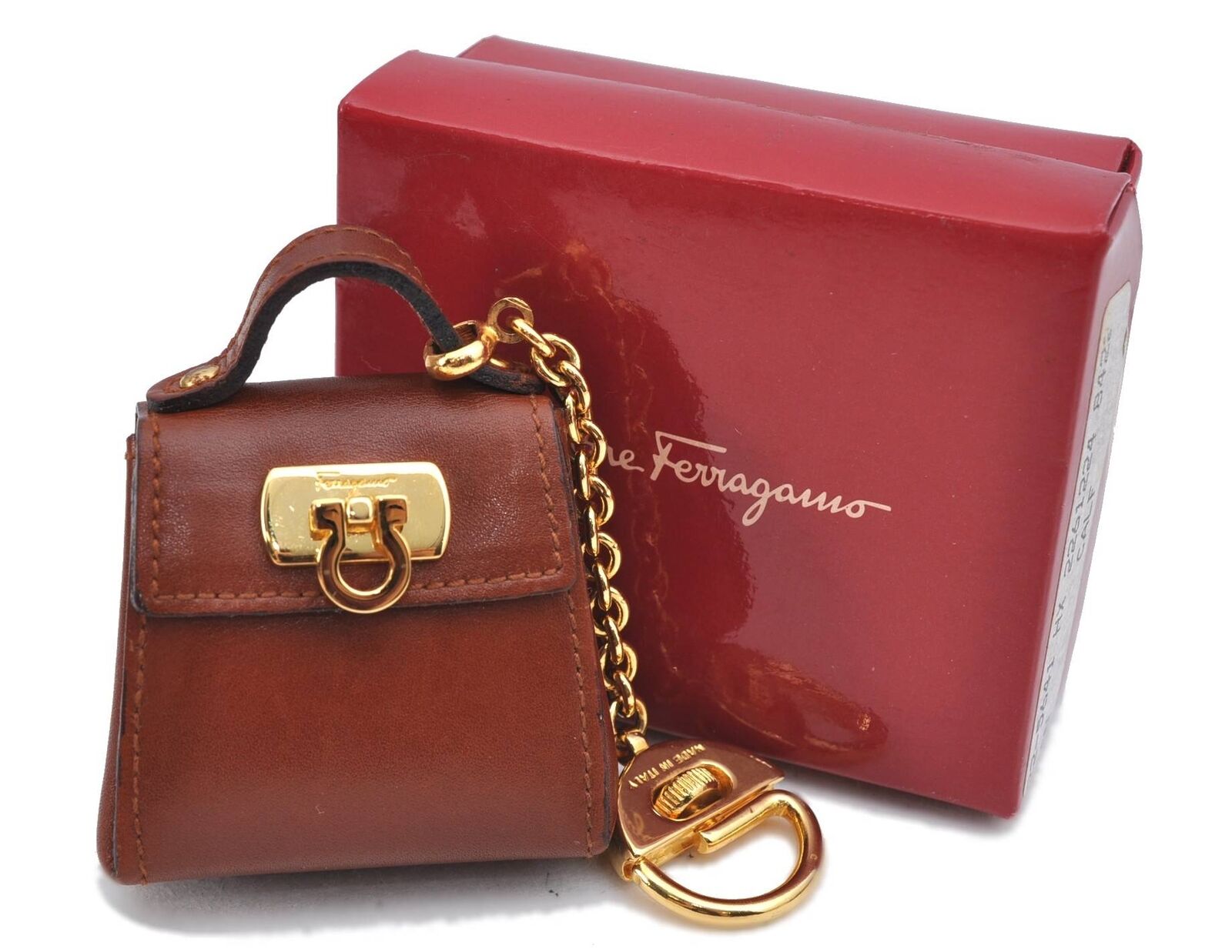 Authentic Ferragamo Gancini Bag Charm Leather Brown Box G1161