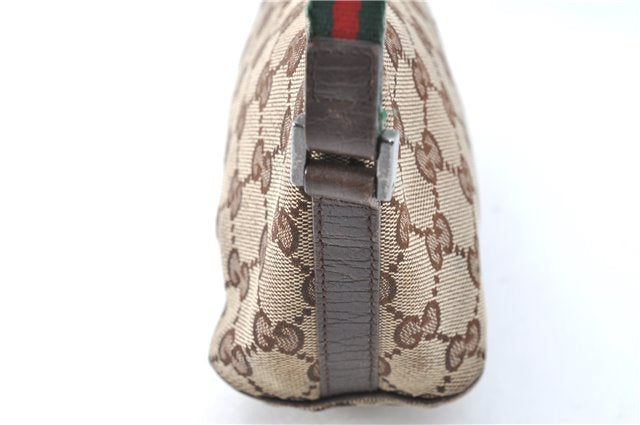 Authentic GUCCI Web Sherry Line Hand Bag Pouch GG Canvas Leather Brown G1169