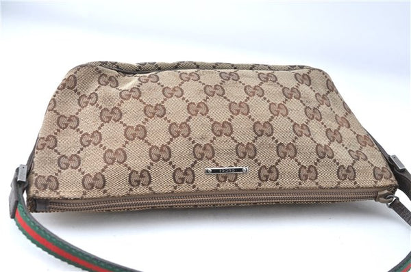 Authentic GUCCI Web Sherry Line Hand Bag Pouch GG Canvas Leather Brown G1169