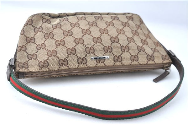 Authentic GUCCI Web Sherry Line Hand Bag Pouch GG Canvas Leather Brown G1169