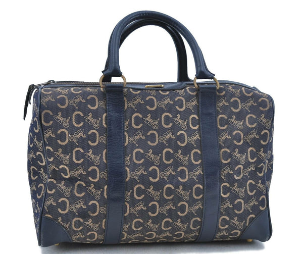 Auth CELINE C Macadam Pattern Horse Carriage Hand Bag Canvas Leather Blue G1907