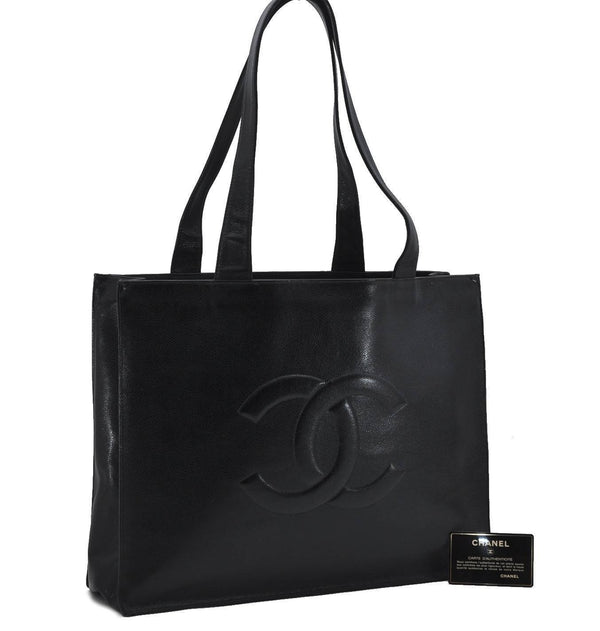 Authentic CHANEL Caviar Skin CC Logo Shoulder Tote Bag Black G2188