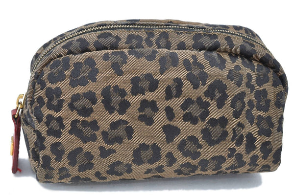 Authentic FENDI Leopard Pouch Canvas Leather Brown Red G2619