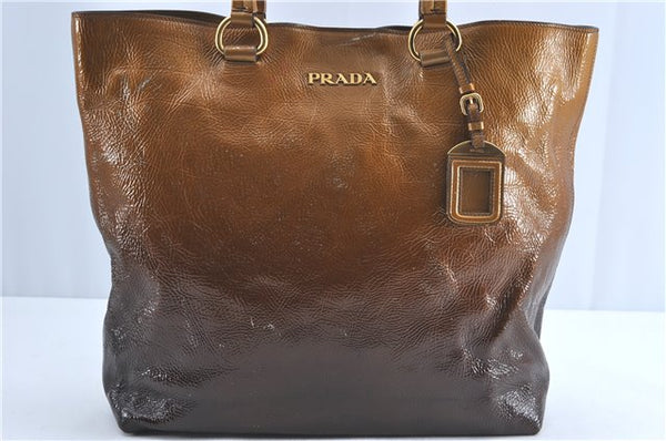 Authentic PRADA Enamel Shoulder Tote Bag Purse BR4059 Brown G3058