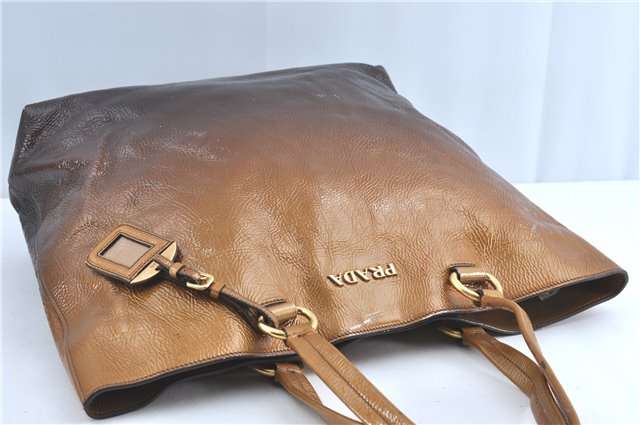 Authentic PRADA Enamel Shoulder Tote Bag Purse BR4059 Brown G3058