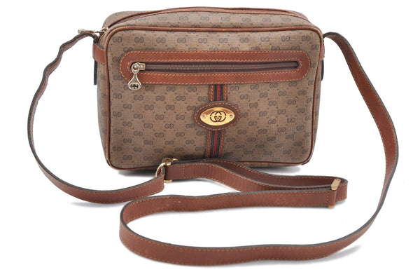 Auth GUCCI Web Sherry Line Micro GG Shoulder Cross Bag PVC Leather Brown G3226