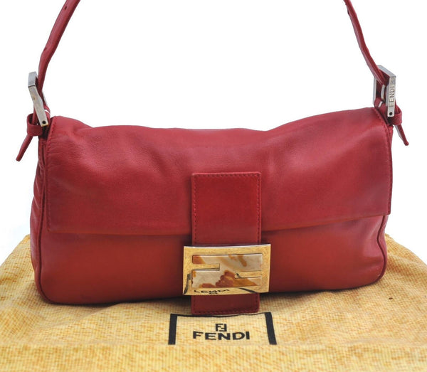 Authentic FENDI Mamma Baguette Shoulder Bag Leather Red G3419