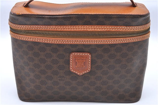 Authentic CELINE Macadam Blason Vanity Hand Bag Pouch PVC Leather Brown G3421