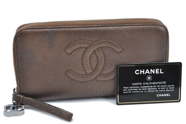 Authentic CHANEL Calf Skin CC Logo Long Wallet Brown G3426