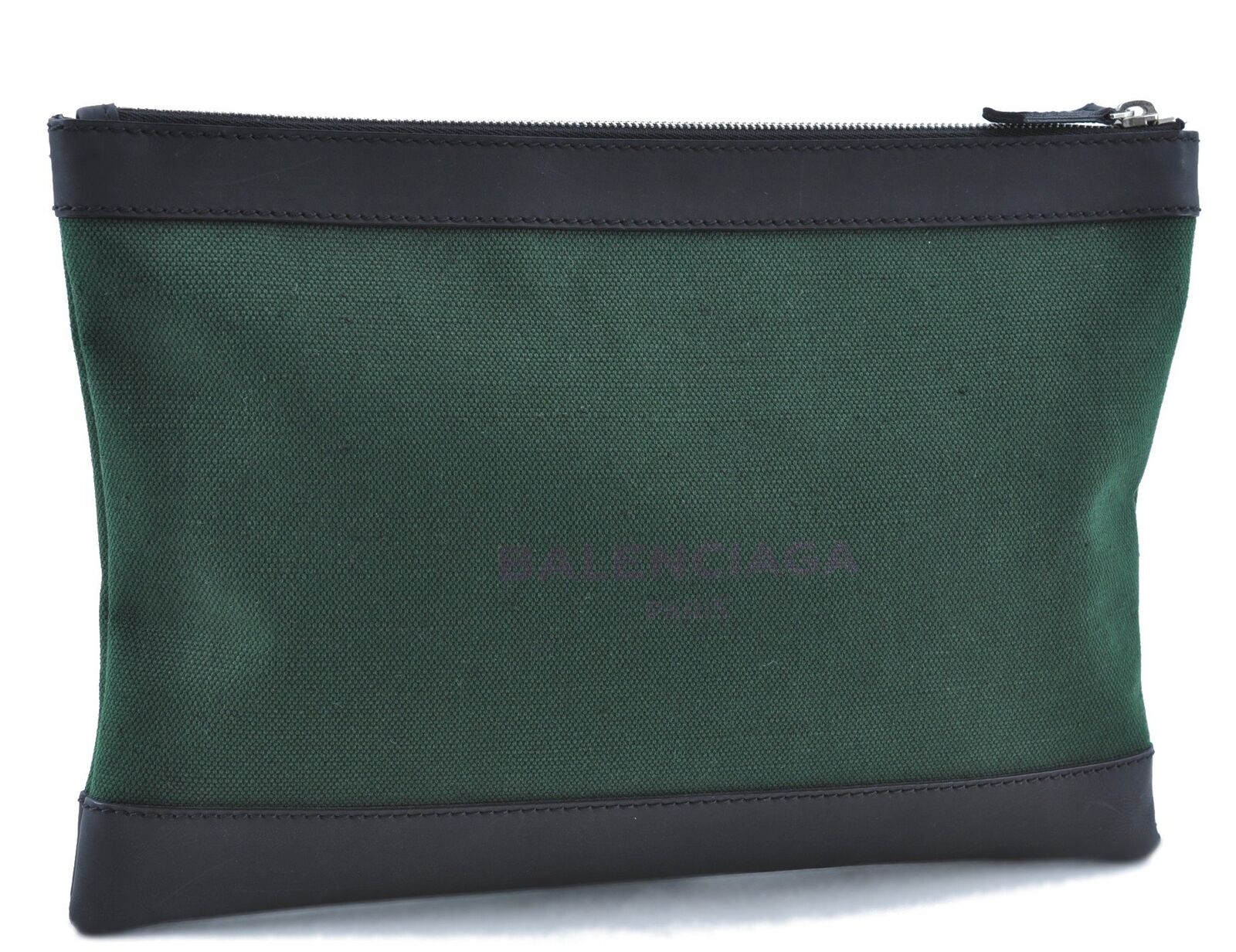 Auth BALENCIAGA Navy Clip M Clutch Bag Canvas Leather 373834 Green Black G3905