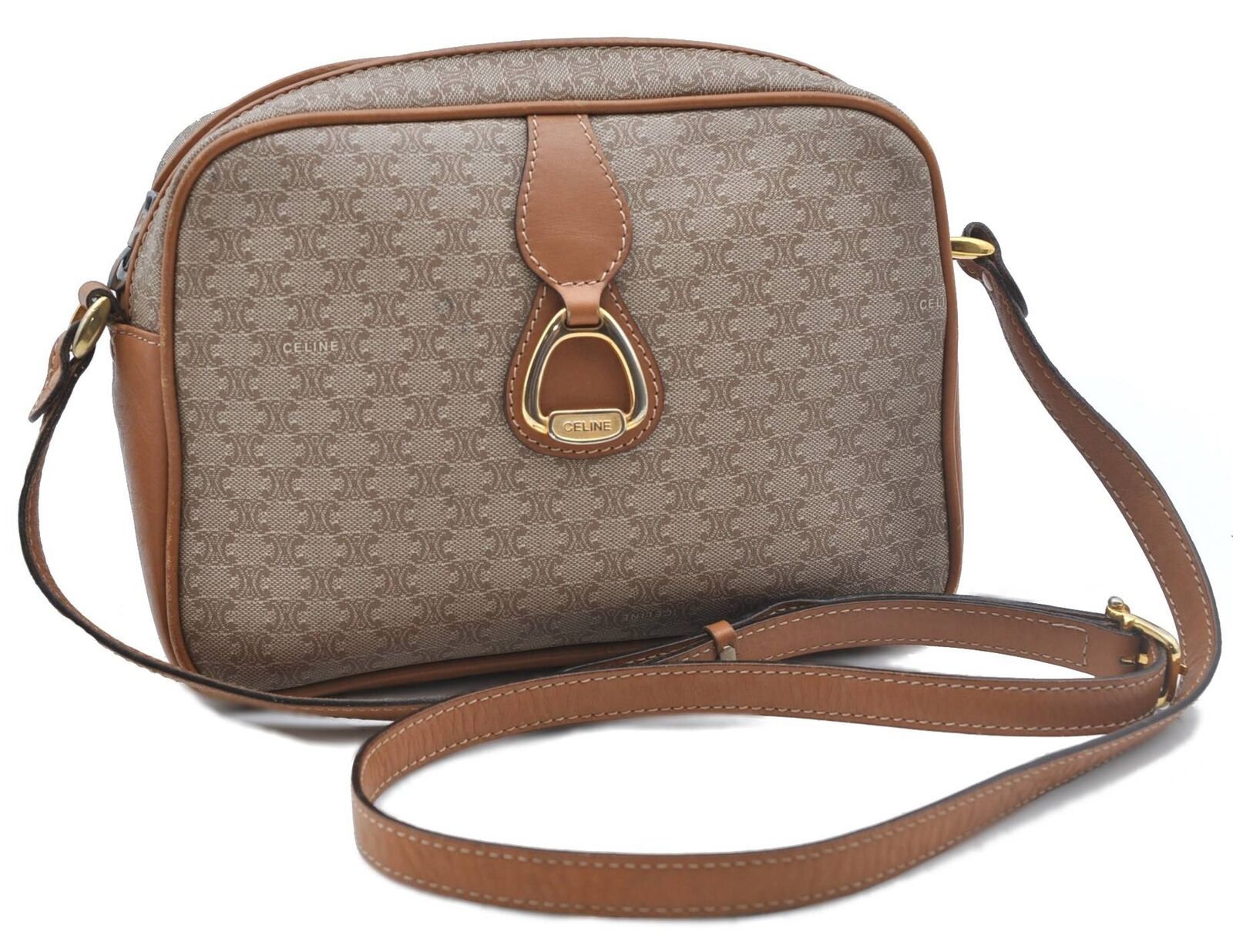 Authentic CELINE Macadam Pattern Shoulder Cross Body Bag PVC Leather Beige G4342