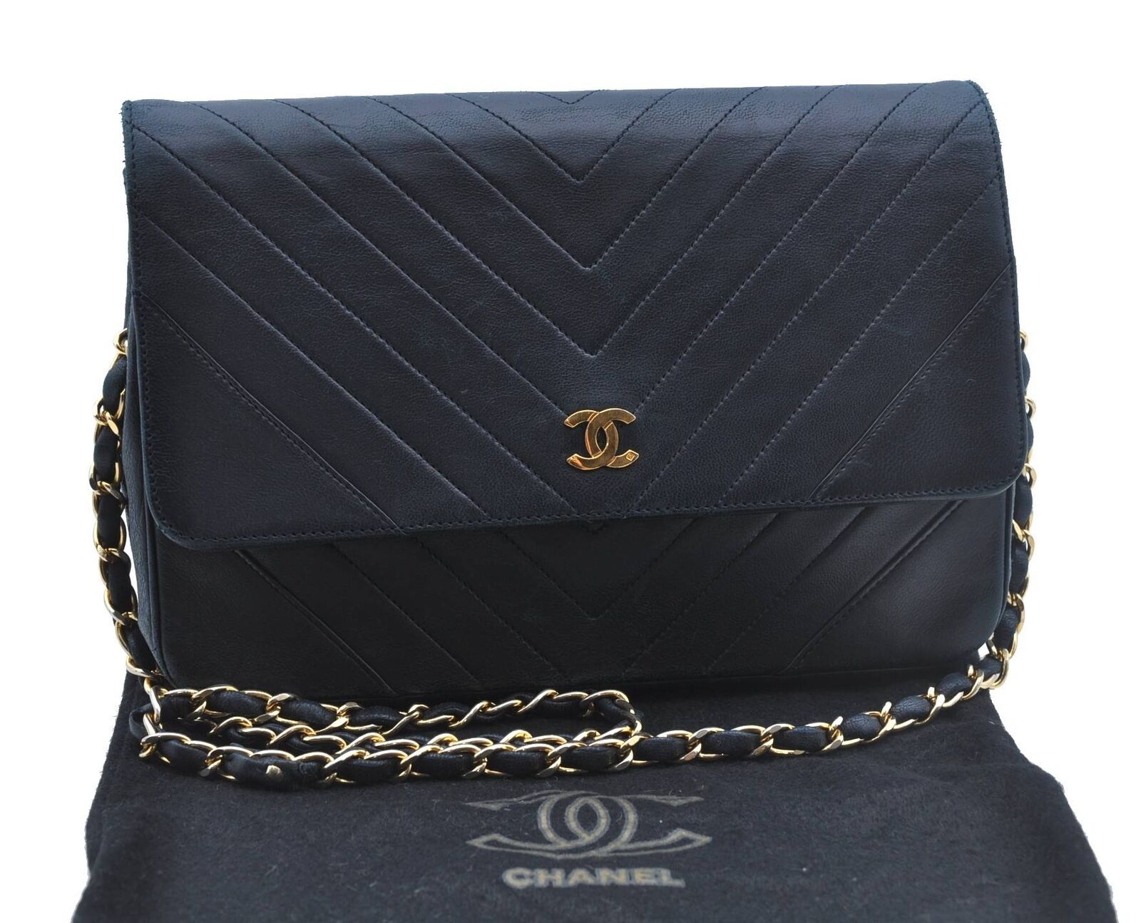 Authentic CHANEL Calf Skin V Stitch CC Logo Shoulder Cross Body Bag Black G4409