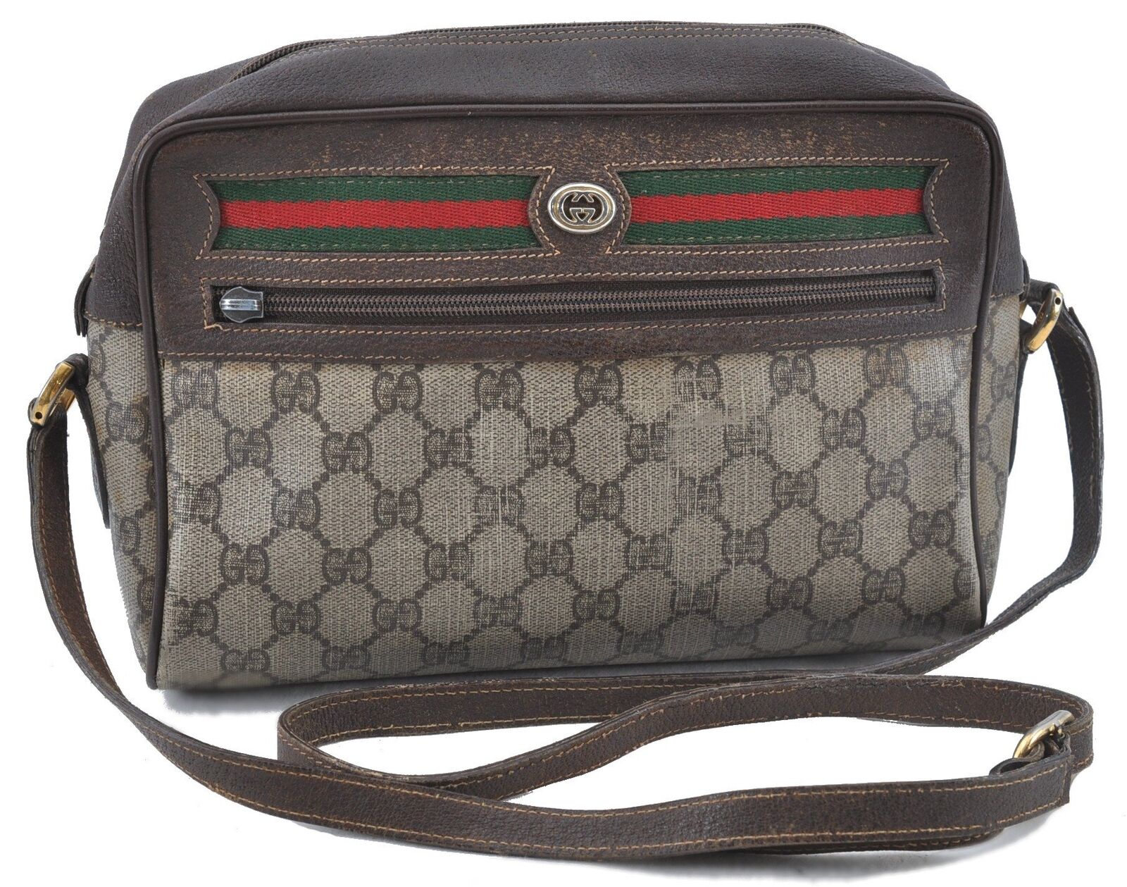 Auth GUCCI Web Sherry Line Shoulder Cross Bag GG PVC Leather Brown Junk G4835