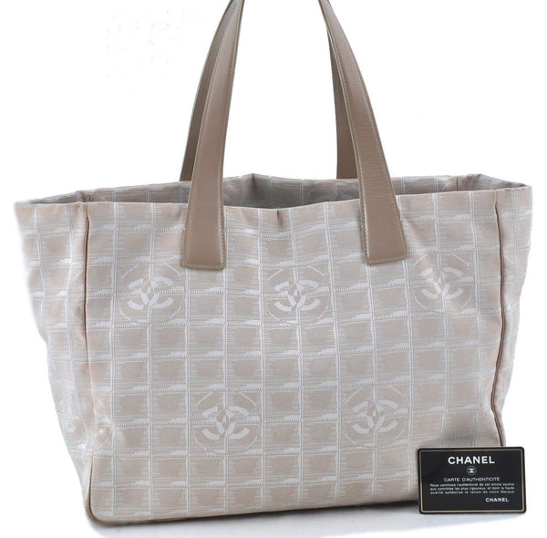 Authentic CHANEL New Travel Line Shoulder Tote Bag Nylon Leather Beige G4852