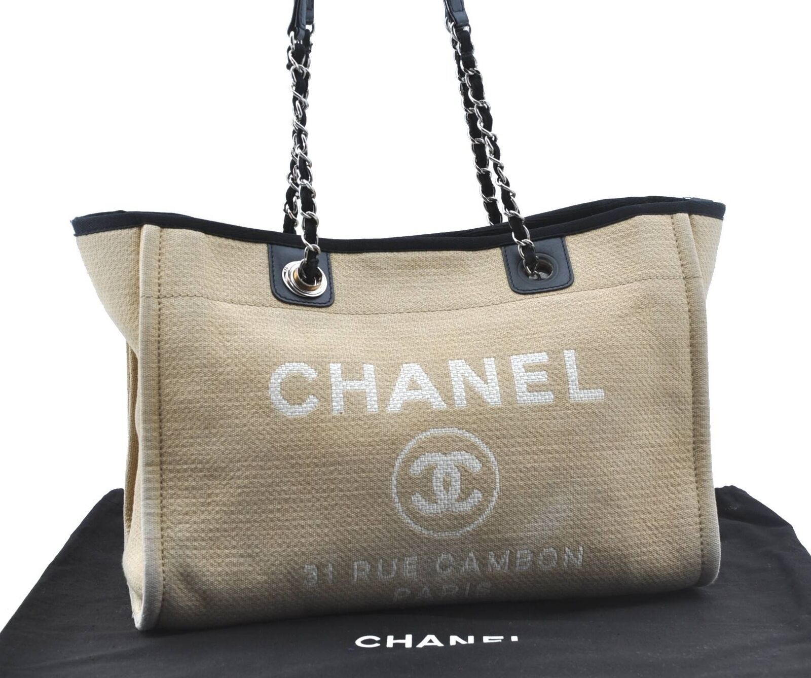 Authentic Chanel Deauville Line Shoulder Tote Bag Canvas Beige G4923