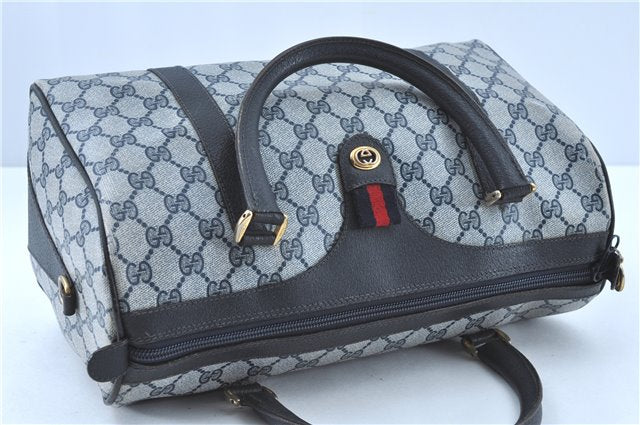 Authentic GUCCI Sherry Line Hand Boston Bag GG PVC Leather Navy Blue Junk G4982