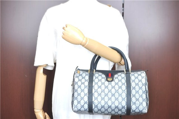 Authentic GUCCI Sherry Line Hand Boston Bag GG PVC Leather Navy Blue Junk G4982