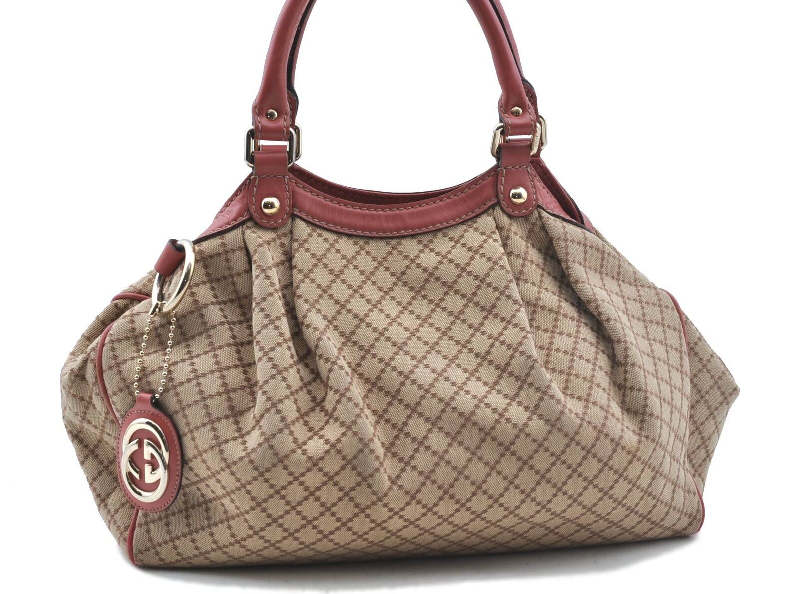 Auth GUCCI Diamante Sukey Shoulder Tote Bag Canvas Leather 211944 Brown G5690