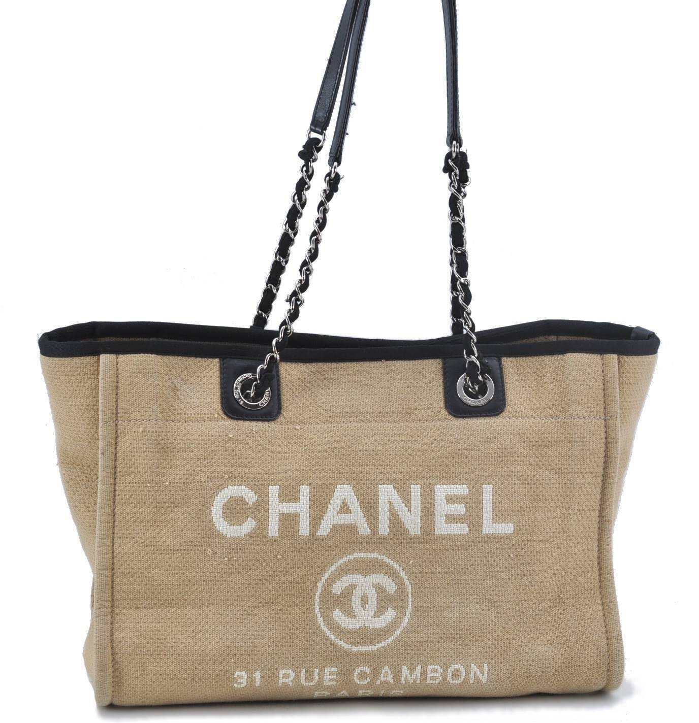 Authentic Chanel Deauville Line Chein Shoulder Tote Bag Canvas Beige G6105
