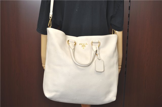 Authentic PRADA Leather 2Way Shoulder Cross Body Tote Bag BN1713 Ivory G6256