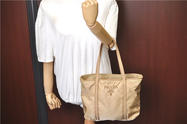 Authentic PRADA Nylon Leather Tote Hand Bag BR0978 Beige G6262