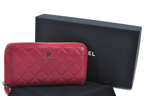 Authentic CHANEL Lamb Skin Matelasse CC Logo Long Wallet Purse Pink Box G6314