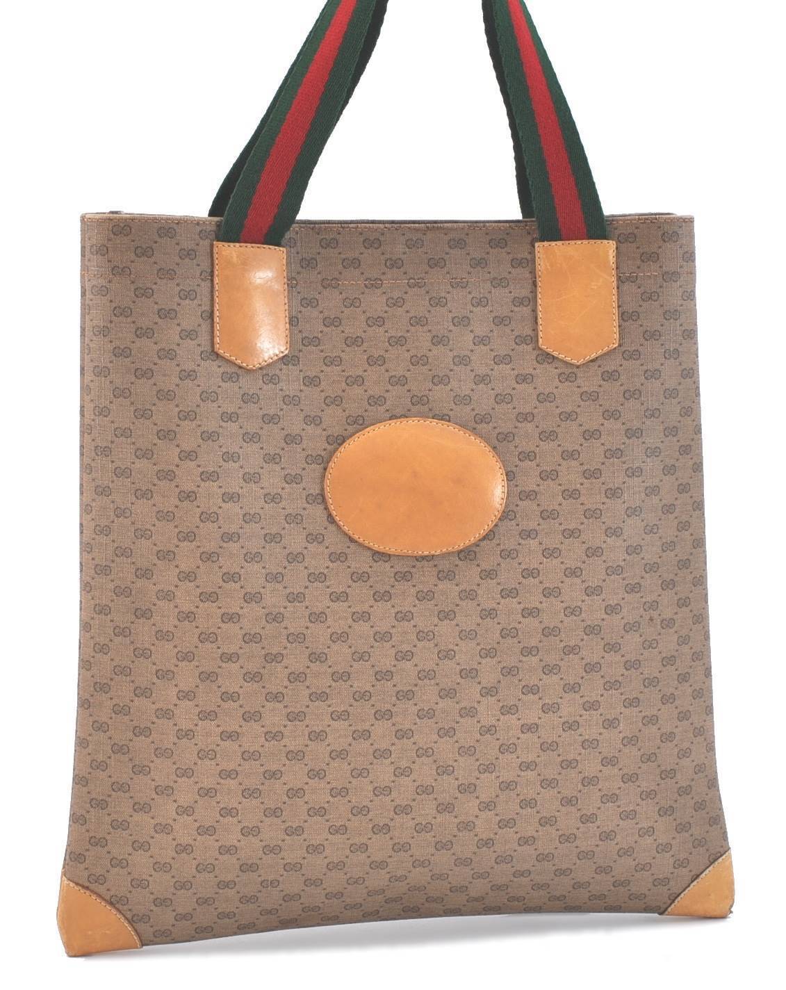 Auth GUCCI Micro GG Web Sherry Line Hand Tote Bag GG PVC Leather Brown G6469
